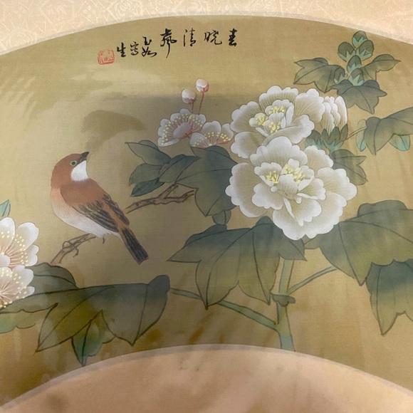 Vintage Painting Of Bird & Flowers, On Silk. Bird Sitting On Branch. - Picture 3 of 8